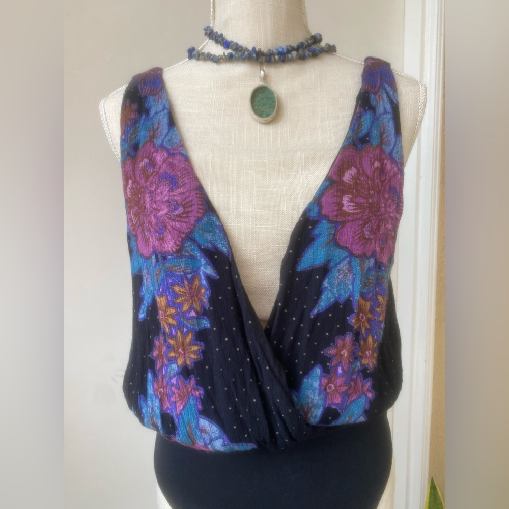 free people floral body suit deep v thong sz m